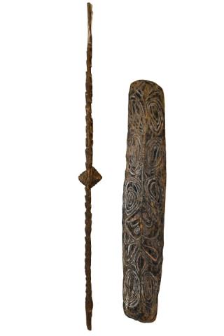 New Guinea Tribal Carved Wood Shield & Spear (1 of 7)