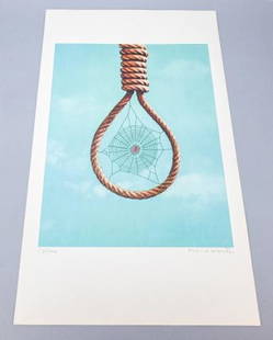 Marcel Marien Surrealist Lithograph Noose Spider: Marcel Marien Surrealist Lithograph of Noose and Spider Numbered 57/100 and Pencil Signed by the Artist. Unframed. 23 inches x 13.5 inches