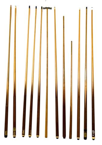 Collection of 12 Pool Cues: Collection of 12 Pool Cues. Measuring approximately 57 inches long.