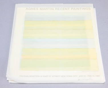 Agnes Martin Pencil Signed Pace Gallery Invitation: Agnes Martin Pencil Signed Pace Gallery Invitation on Vellum, Dated 1997. There are slight bends to the vellum, and folder shows wear. Approximately 11 inches x 11 inches.