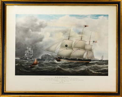 1925 Framed Lithograph S.S. Europe Ship: 1925 Framed Lithograph S.S. Europe Pioneer Ship From Painting by Samuel Walters in 1833. Framed measures 26 inches x 33 inches.