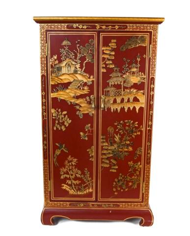 Chinese Hand Painted Red Lacquer Hall Cabinet (1 of 10)