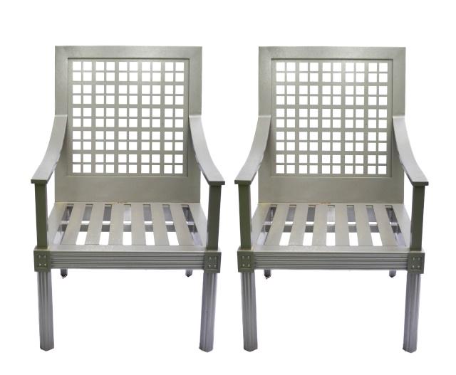 Pair Janus et Cie Quadratl Armchairs: Pair Janus et Cie Quadratl Armchairs. Style by renowned designer Orlando Diaz-Azcuy and part of our celebrated The Masters Aluminum Series.Measures 40 inches x 24 inches x 33 inches, seat height 18 in