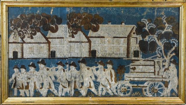 Antique Bandbox Folk Art Print of Fire Men & Pump (1 of 9)