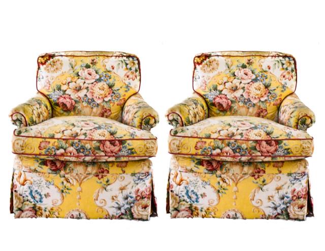 Pair Floral Linen Saddle Upholstered Armchairs (1 of 9)