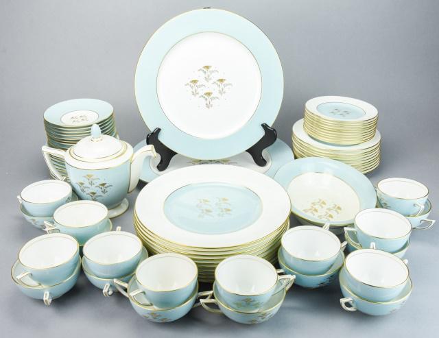 Minton Bone China Aurora Dinner Service for 10: Minton Bone China Aurora Dinner Service for 10. Includes dinner plates, salad plates, side plates, coffee cups, bullion cups, saucers, teapot, serving platter, and vegetable dish. Dinner plates measur