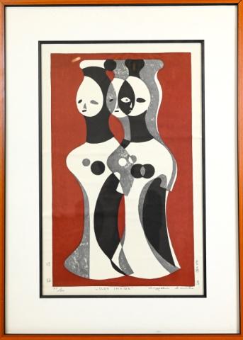 Kiyoshi Saito Wood Block Signed Titled Clay Image: Kiyoshi Saito, Japanese 1907 - 1997, Wood Block Signed and Numbered 97/200, Titled "Clay Image" Featuring Two Haniwa Figures. Measures 29 inches x 21 inches.
