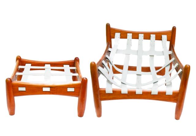 Sergio Rodrigues Leather "Sheriff" Chair & Ottoman: Sergio Rodrigues Leather "Sheriff" Lounge Chair and Ottoman.Chair measures 31 inches x 35 inches x 34 inches, seat height 12 inches, ottoman 14 inches x 26 inches x 26 inches.