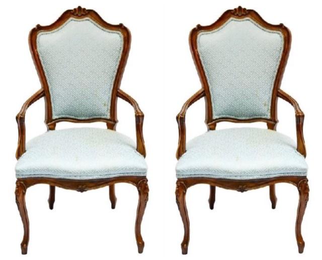 Pair Karges French Provincial Carved Armchairs: Pair Karges French Provincial Hand Carved Custom Upholstered Dining Armchairs.Measures 42 inches x 24 inches x 47 inches seat height 19 inches.