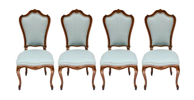4 Karges French Provincial Carved Side Chairs: Set of 4 Karges French Provincial Hand Carved Custom Upholstered Dining Side Chairs.Measures 41 inches x 20 inches x 25 inches , seat height 18 inches.