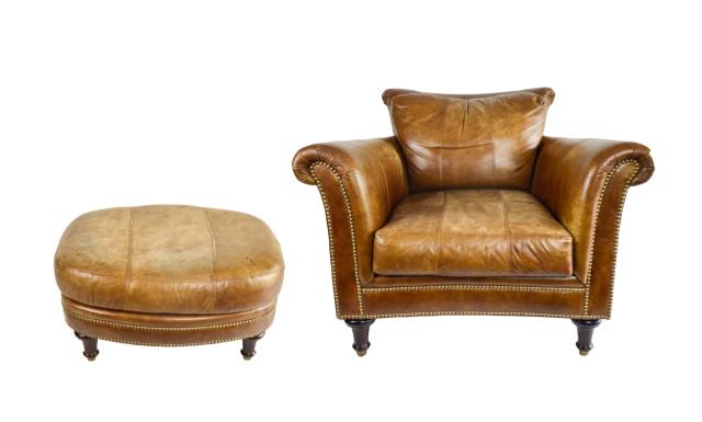 Ferguson Copeland Leather Armchair w Ottoman: Ferguson Copeland Furniture Leather Armchair with Ottoman.Measures 33.5 inches x 41 inches x 45 inches, seat height 20 inches.
