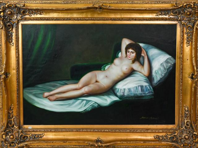 Arthur McQueen Oil Portrait of Reclining Nude: Arthur McQueen Framed Oil Painting Portrait of Reclining Nude. In carved gilt frame. Framed measures 37 inches x 46 inches, art measures 23 inches x 35 inches.