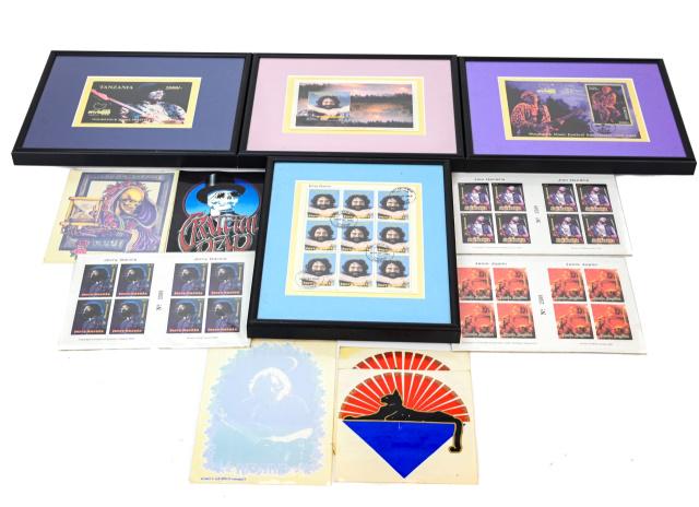 Hendrix, Garcia, Joplin, Santana Postage Stamps: Jimi Hendrix, Jerry Garcia, Janis Joplin, Santana Tanzania and Montserrat Collectible Postage Stamps with Certificates of Authentification. Tanzaniza stamps are framed. Includes additional ephemera fr