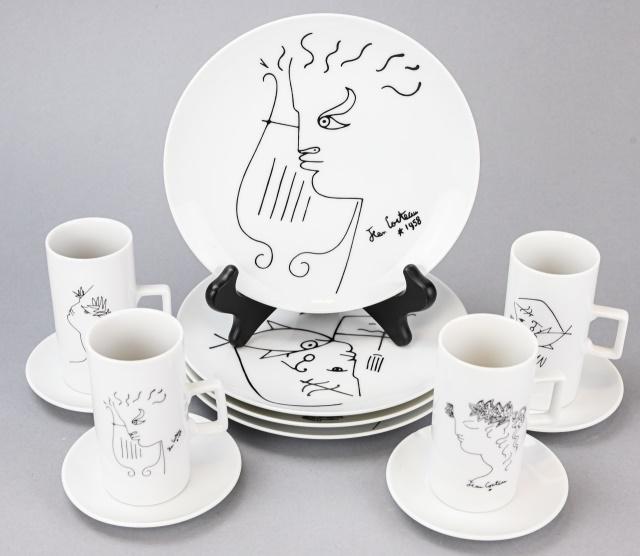Jean Cocteau Limoges Porcelain Service for 4: Jean Cocteau Limoges Porcelain Breakfast Service for Four. Includes four plates, four tall coffee cups and saucers. One saucer has chip.Plates measures 7.5 inches diameter.