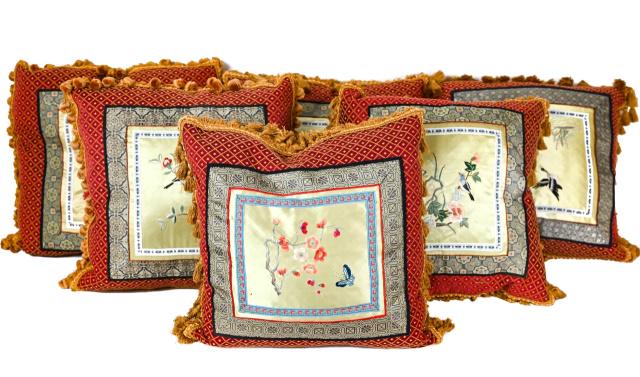 6 Custom Made Down Pillows w Chinese Silk Panels (1 of 8)