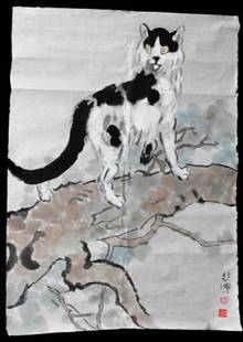 Chinese Watercolor of Cat by Xu Beihong: Chinese Watercolor of Cat by Xu Beihong on Rice Paper. 24 inches x 18 inches