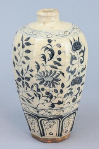 Chinese Blue White Stoneware White Twine Plum Vase: Chinese Blue and White Hand Painted Porcelain Stoneware White Twine Plum Pattern Vase. 9 inches x 5 inches in diameter.