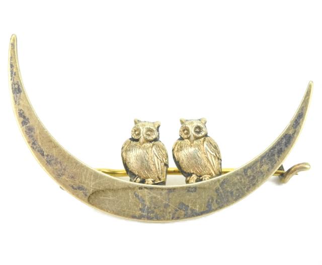 Antique Gilt Silver Crescent Moon & Owl Brooch (1 of 5)