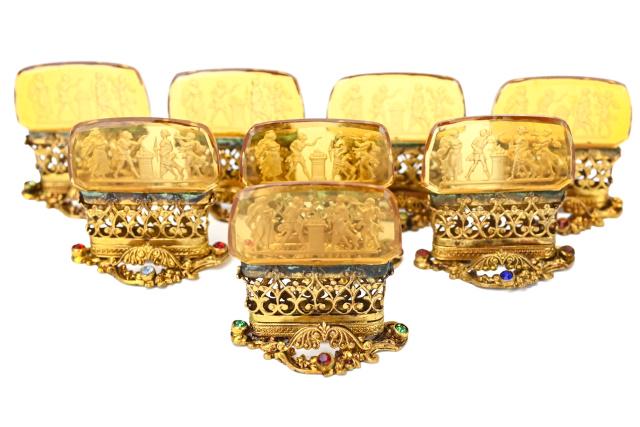 Antique Gilt Filigree Art Glass Place Card Holders: Antique Neoclassical Style with Rhinestones Gilt Filigree and Art Glass Place Card Holders. some rhinestones are missing.Measures approximately 2 inches x 2 inches.