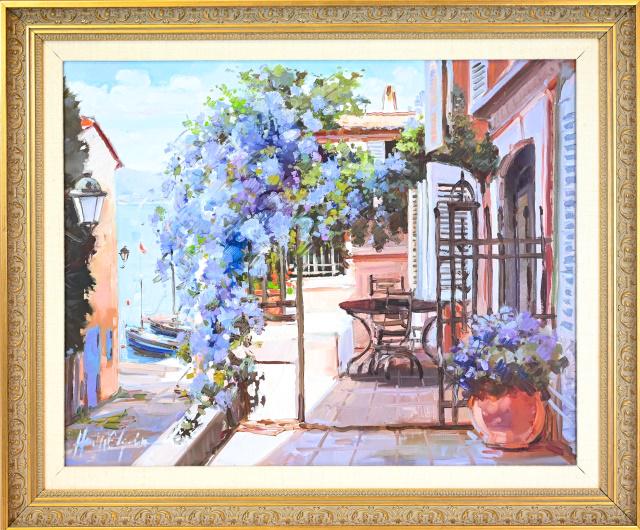 Henri Lepetit Oil Painting Mediterranean Veranda: Henri R. B. Lepetit Framed and Signed Oil Painting of Mediterranean Lilac Covered Veranda. Framed measures 24 inches x 20 inches, art measures 15 inches x 19 inches.