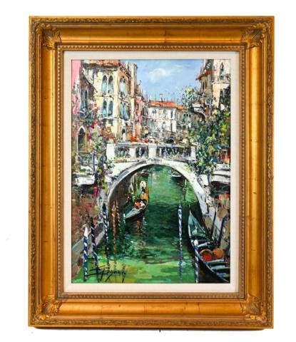 Ciro Canzanella Oil Painting of Venice Canals: Ciro Canzanella, Italy 1948, Low Impasto Oil Painting Venice Canals, Signed and Framed. Framed measures 38 inches x 39 inches, art measures 27 inches x 19 inches.