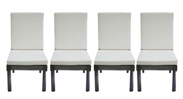 4 Janus et Cie Side Dinning Chairs w Cushions: 4 Janus et Cie Side Dinning Chairs with Cushions. Style by renowned designer Orlando Diaz-Azcuy and part of our celebrated The Masters Aluminum Series.Measures 40 inches x 20 x 33 inches, seat height