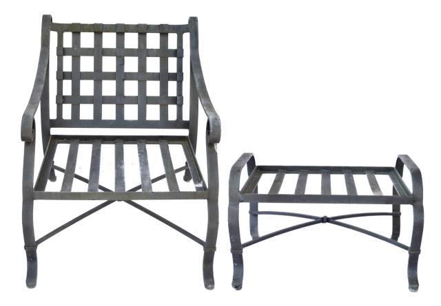 Cast Aluminum Patio Garden Armchair with Footstool: Cast Aluminum Patio Garden Armchair with Footstooland cushion.Measures 34 inches x 27 inches x 35 inches.