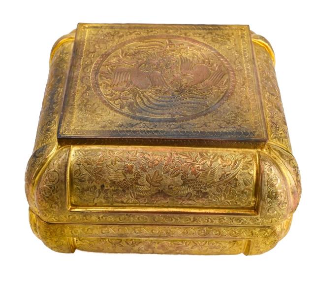 19th C. Gilt Metal Pillow Form Phoenix Motif Box (1 of 10)