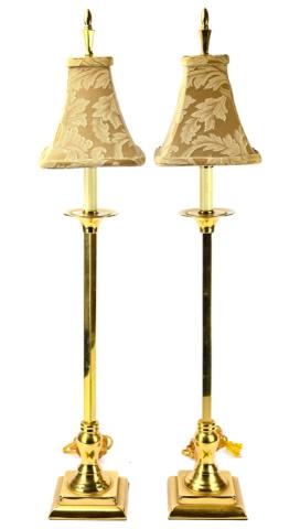 Pair Brass Candlestick Lamps w Brocade Shades (1 of 9)