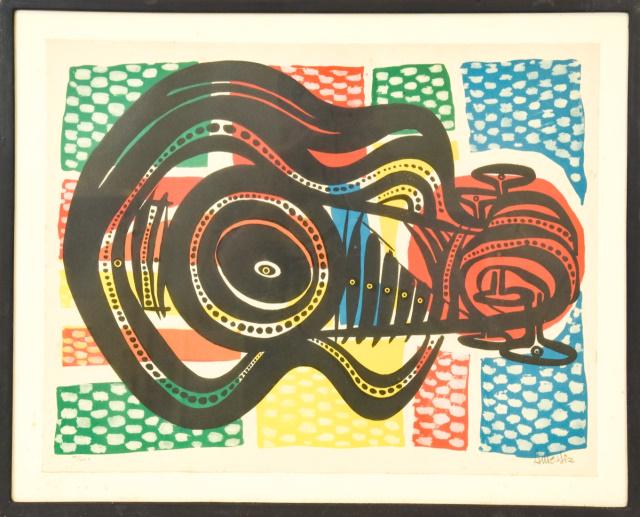 Salvador Aulestia Signed Color Lithograph Guitar: Salvador Aulestia, Spanish 1915-1994, "Guitar" Lithograph, Signed and Numbered 71/200 and Dated 1959. Lithograph measures 19.5 inches high x 15 inches wide. Evidence of water damage to back of frame w