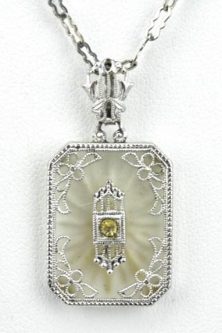 Edwardian Style Frosted Glass Pendant on Chain: Edwardian Style Frosted Glass Pendant on Chain. Necklace chain measures 15 inches in length.