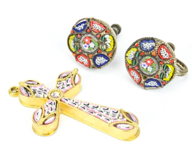 Estate Italian Micro Mosaic Cross & Earrings (1 of 6)