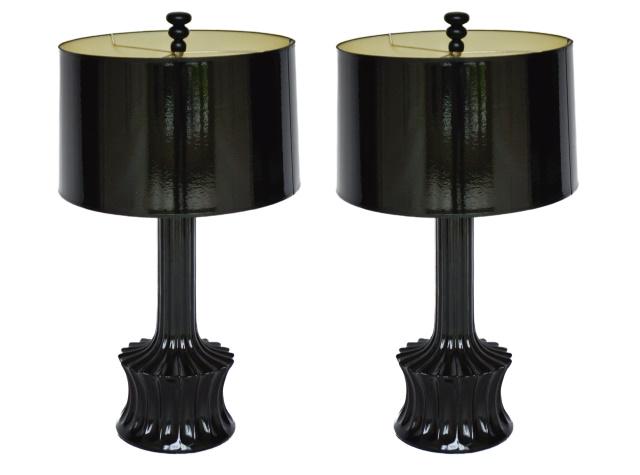 Pair Retro Black Ceramic Lamps w Black Shades (1 of 8)
