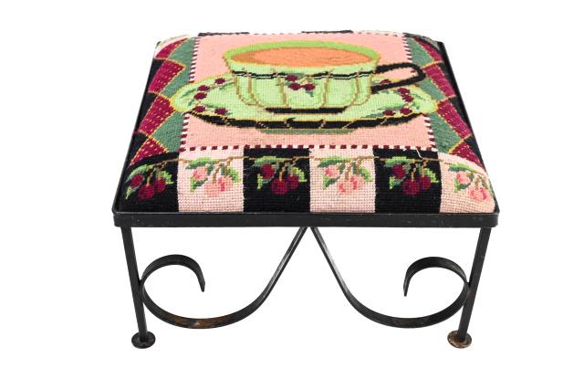 Wrought Iron Foot Stool w Needle Point Cover (1 of 10)