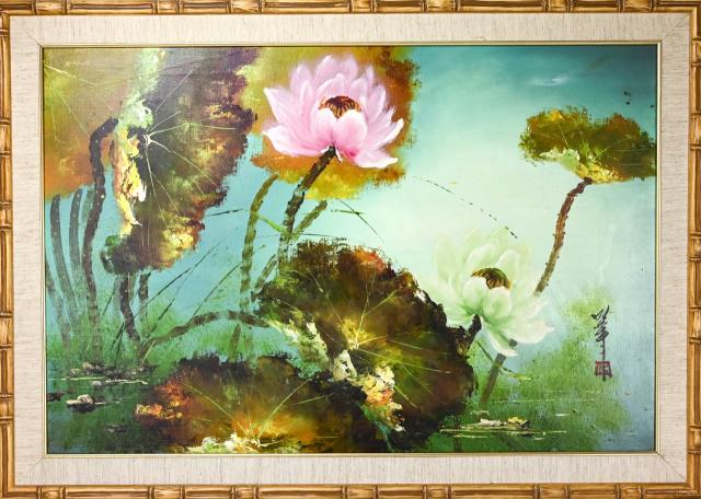 Japanese Signed Oil Painting of Lotus Flowers: Japanese Signed Oil Painting of Lotus Flowers in Bamboo Style Frame. Measures 42 inches x 30 inches.