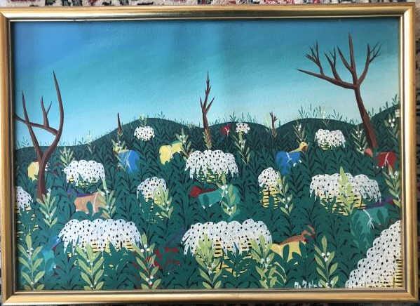 Signed Haitian Oil Painting of Field Harvesters: Signed Haitian Oil Painting of Field Harvesters. Custom framed. Signed. Measures 11.75 x 16.25 inches.
