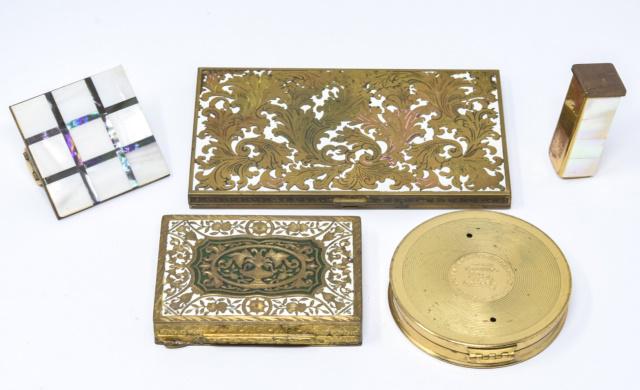 Vintage Gilt Metal Compacts & Lipstick Cases: Vintage Gilt Metal Compacts & Lipstick Cases. Largest measures approximately 3 x 5 inches.