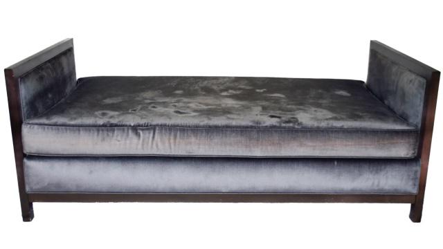 Custom Modern Velour Upholstered Day Bed: Custom Modern Velour Upholstered Day Bed.Measures 28 inches x 72 inches x 37.5 inches.