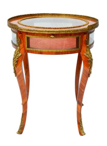 Attributed to Francois Linke 20th C. Vitrine Table: Attributed to Francois Linke Early 20th Century Gilt Bronze Mounted Parquetry Vitrine Table.Measures 29.5 inches x 24 inches diameter.