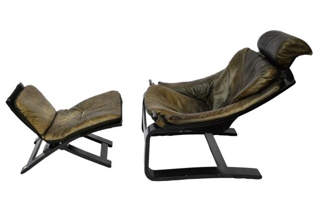 Swedish "Kroken" Leather Lounge Chair and Ottoman: Mid Century Swedish "Kroken" Ake Fribytter Cognac Leather Nelo Mobel Lounge Chair and Ottoman.Measures 35.5 inches x 29 inchesx 33 inches.