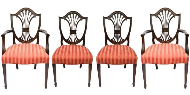 4 Stickley Shield Back Upholstered Dining Chairs: Set of 4 Stickley Hand Carved Shield Back Mahogany Custom Upholstered Dining Room Chairs. 2 with Arm. There is no maker's mark.Measures 39 inches x 20.5 inchesx 18 inches.