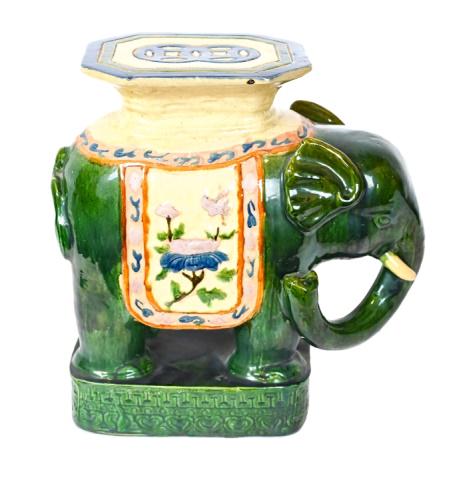 Mid C Chinese Shiwan Pottery Elephant Garden Stool: Mid Century Chinese Hand Painted Shiwan Pottery Elephant Form Garden Stool. 22 inches x 21 inches x 12 inches