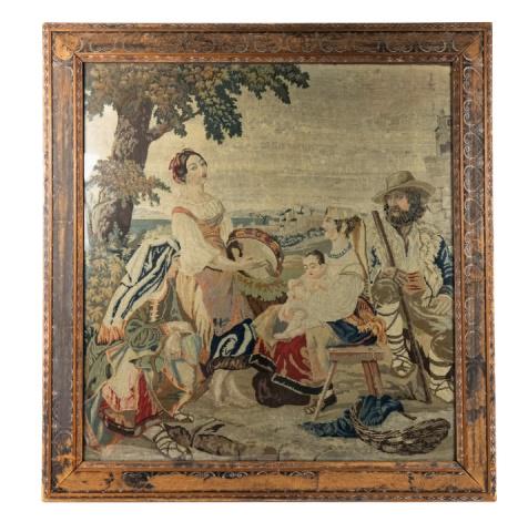 Antique Renaissance Revival Framed Needlepoint: Antique Palace Size Renaissance Revival Framed Hand Made Needlepoint and Petit Point of Courtship Scene. Antique hand painted folk art frame. Framed measures 53 inches x 49 inches, needlepoint measure