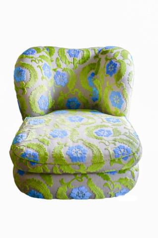Custom Upholstered Fortuny Fabric Chaise Lounge: Custom Upholstered Fortuny Fabric Green and Blue Color Chaise Lounge.Measures 44.5 inches x 45 inches x 57 inches.