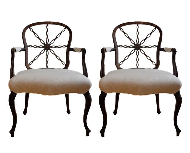 Pair Hand Carved Upholstered Wheel Back Armchairs (1 of 9)