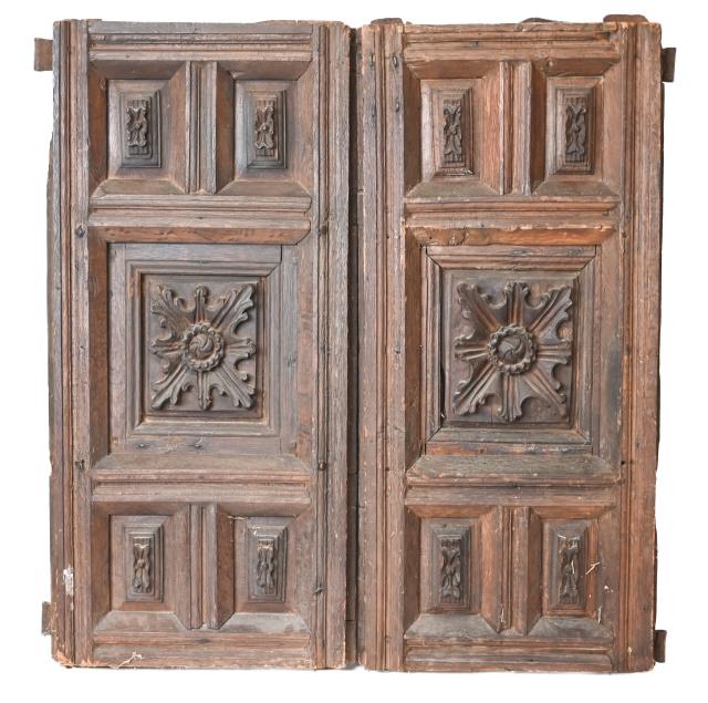 Pair Antique Spanish Baroque Carved Door Salvage: Pair Antique Spanish Baroque Carved Door Salvage with Port Hole Openings. Suitable for hanging. 37 inches x 17 inches x 2 inches