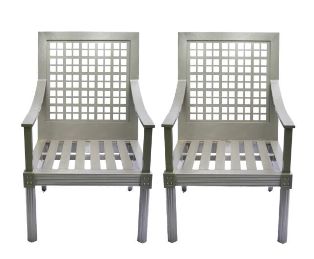 Pair Janus et Cie Quadratl Armchairs: Pair Janus et Cie Quadratl Armchairs. Style by renowned designer Orlando Diaz-Azcuy and part of our celebrated The Masters Aluminum Series.Measures 40 inches x 24 inches x 33 inches, seat height 18 in
