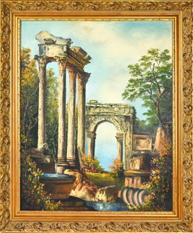 Joseph Collazzi Oil Painting Italian Landscape: Joseph Collazzi, Italian 1914-1989, Framed Oil Painting on Canvas of Italian Landscape with Ancient Ruins, Signed. Framed measures 36 inches x 30 inches, art measures 30 inches x 24 inches