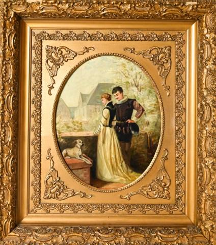 Antique Renaissance Revival Oil Painting of Couple: Antique Renaissance Revival Oil Painting of Couple in Period Rococo Inner Oval Frame. Framed measures 36 inches x 32 inches, art measures 20 inches x 16 inches