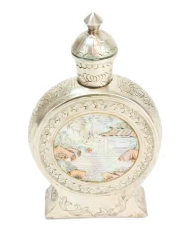 Chinese Silver Tone Etched Flask w MOP Inlay (1 of 9)